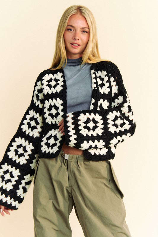 Two-tone flower square crochet open front cardigan with intricate design.