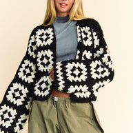 Two-tone flower square crochet open front cardigan with intricate design.