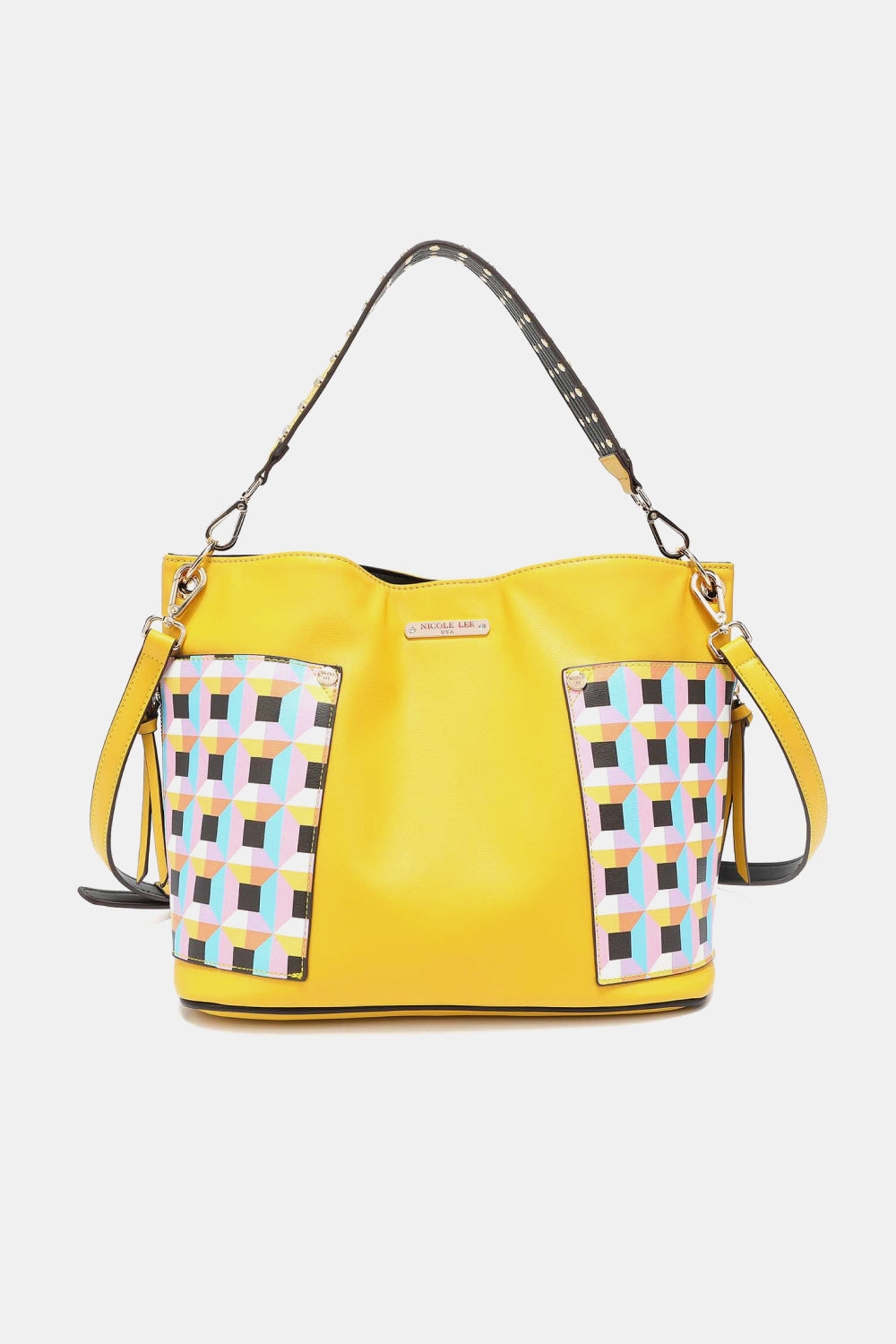 Nicole Lee USA Quihn 3-Piece Handbag Set in yellow with geometric pattern pockets, featuring a large shoulder bag.