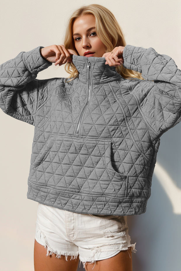 Double Take Half Zip Long Sleeve Quilted Jacket with Pocket