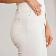 RFM Mini Mia Full Size Tummy Control High Waist Raw Hem Jeans in cream, showcasing side pocket with raw hem detail.