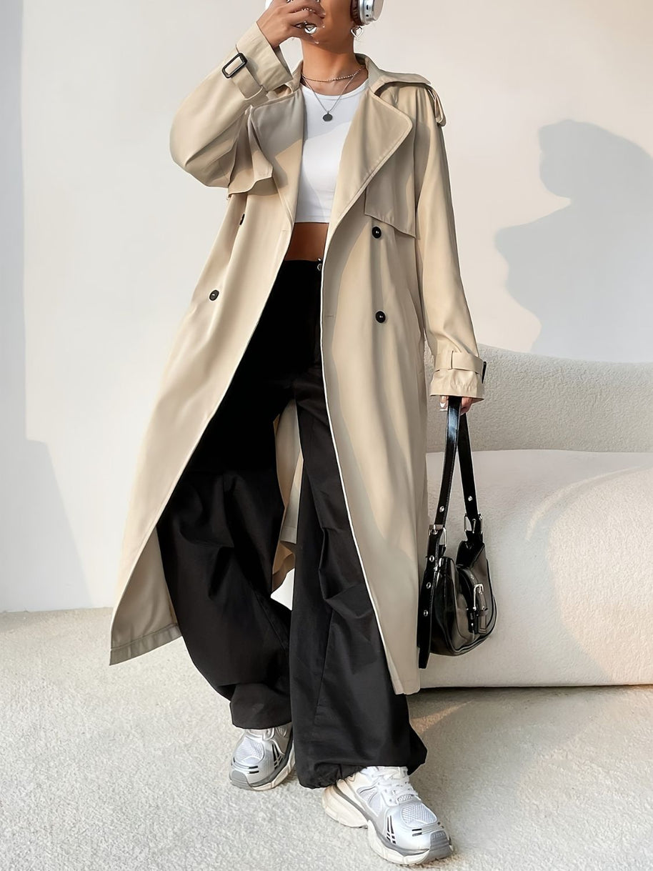 Collared Neck Long Sleeve Longline Trench Coat