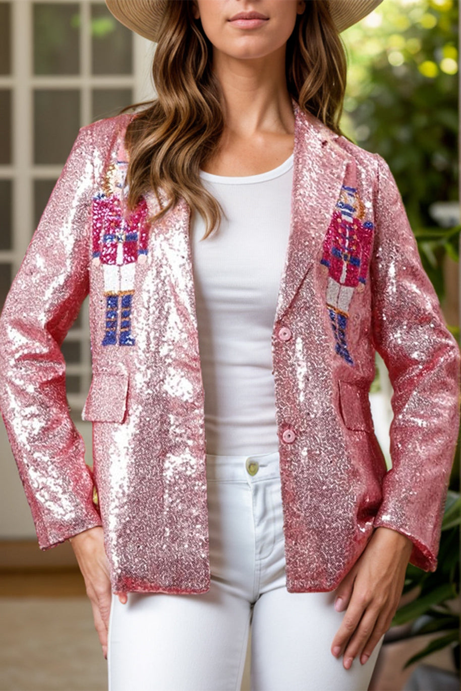 Sequin Nutcracker Long Sleeve Blazer with button details and polyester fabric.