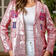 Sequin Nutcracker Long Sleeve Blazer with button details and polyester fabric.