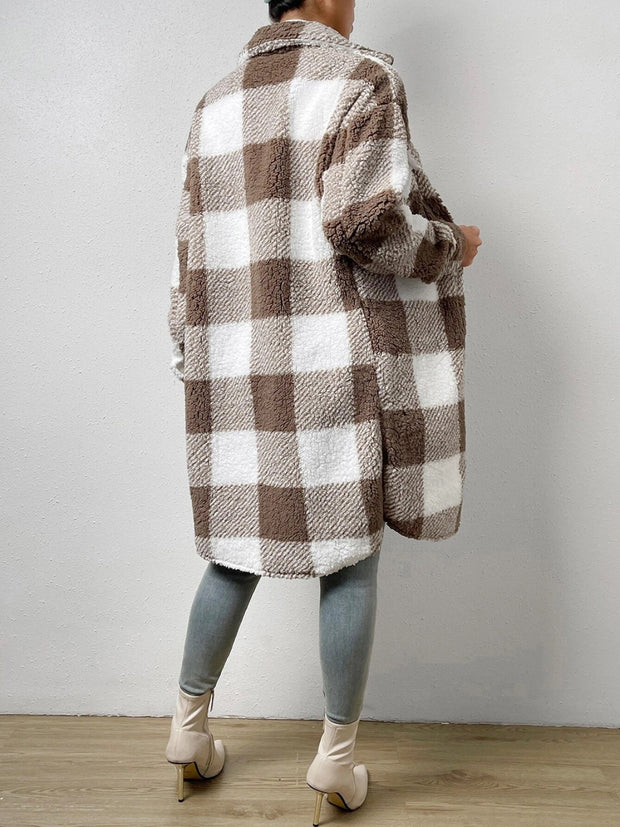 Plaid collared neck button down coat in brown and white.