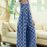 Double Take Checkered Sleeveless Wide Leg Denim Jumpsuit