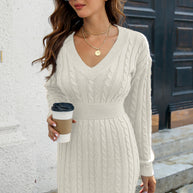 Cable-Knit V-Neck Long Sleeve Mini Sweater Dress