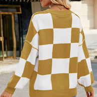 Checkered Round Neck Long Sleeve Sweater