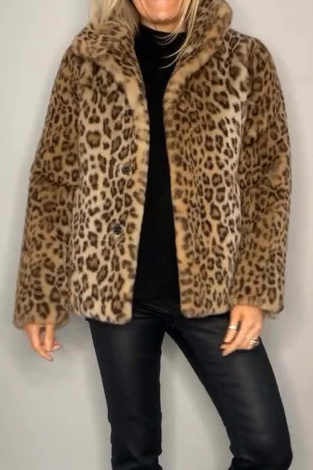 Full size leopard furry collared neck long sleeve coat in polyester.