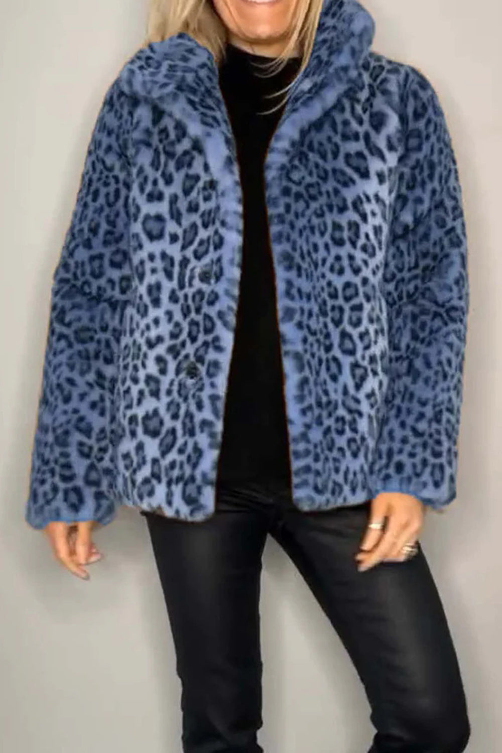 Blue leopard print full-size furry coat with collared neck and long sleeves.