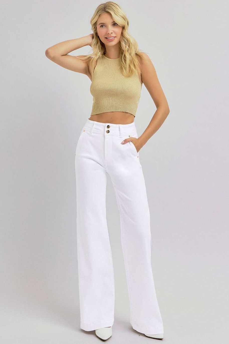 RISEN Full Size Tummy Control Double Button Wide Leg Jeans