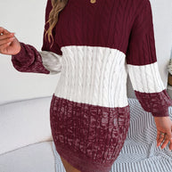 Cable-Knit Round Neck Color Block Sweater Dress