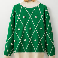 Diamond Pattern Contrast Trim Mock Neck Sweater