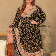 Plus Size Floral V-Neck Balloon Sleeve Dress