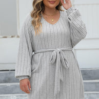 Plus Size Ribbed Tie Front Long Sleeve Sweater Dress