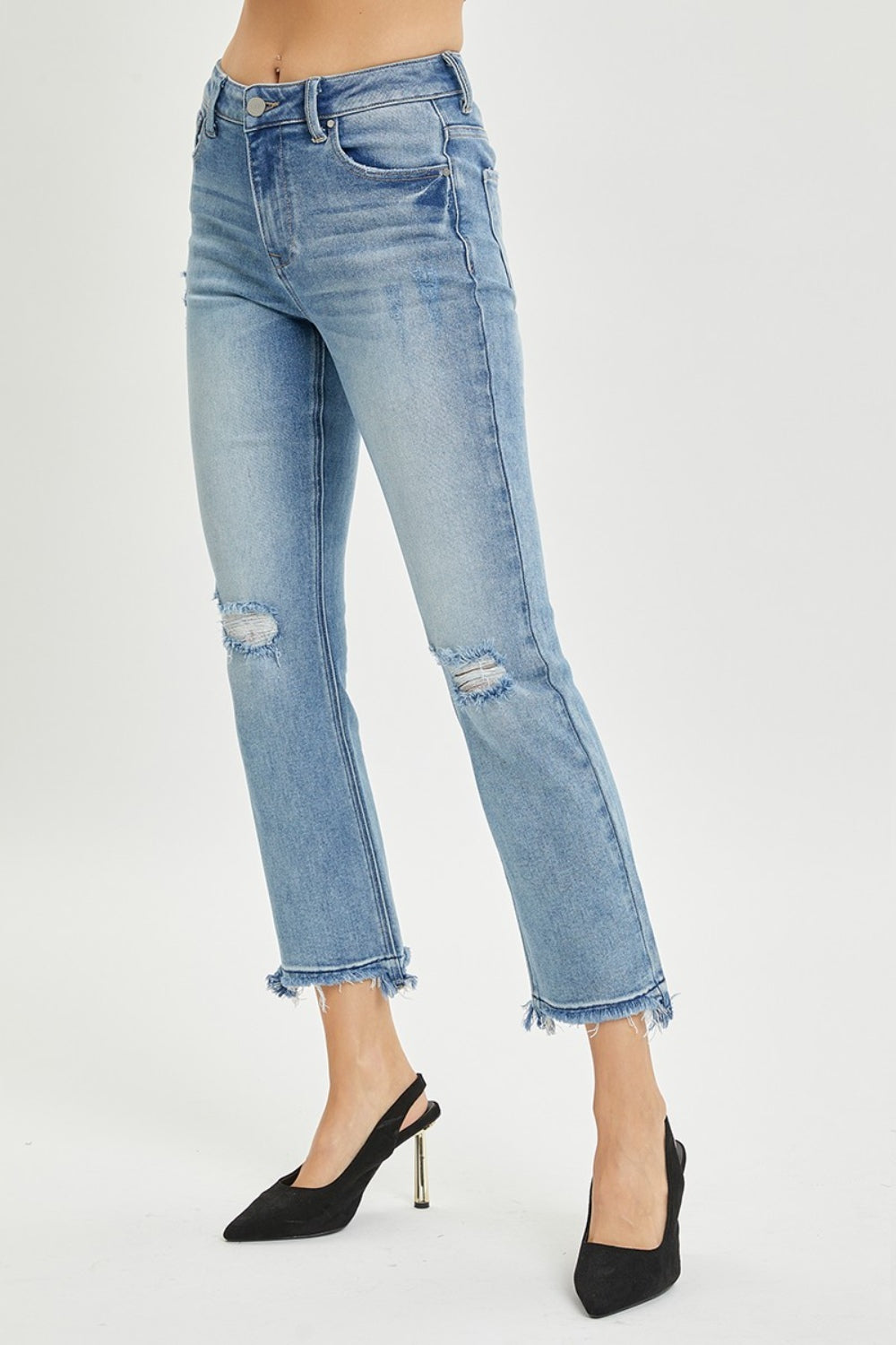 RISEN full size high rise distressed cropped straight jeans with raw hem and pocket detail.