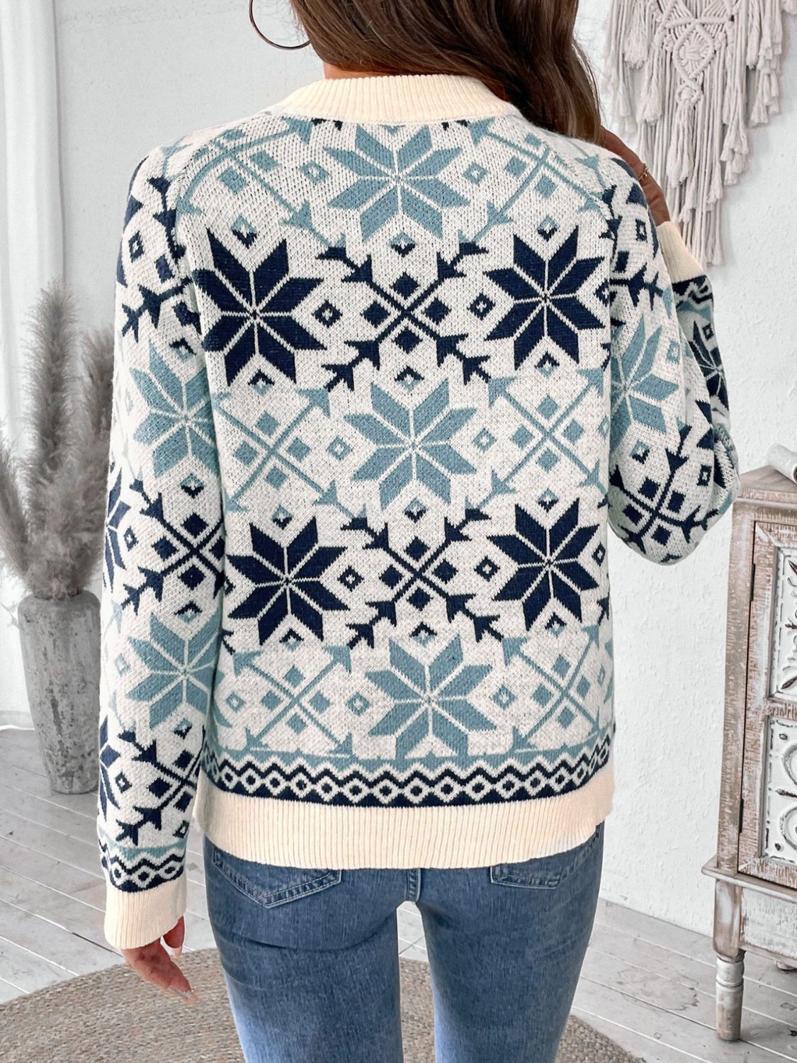 Perfee Graphic Round Neck Long Sleeve Sweater with Snowflake Pattern