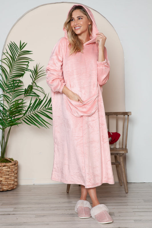 Full size pocketed hooded midi lounge dress in pink, slightly stretchy polyester material, with cozy long sleeves.