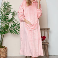 Full size pocketed hooded midi lounge dress in pink, slightly stretchy polyester material, with cozy long sleeves.