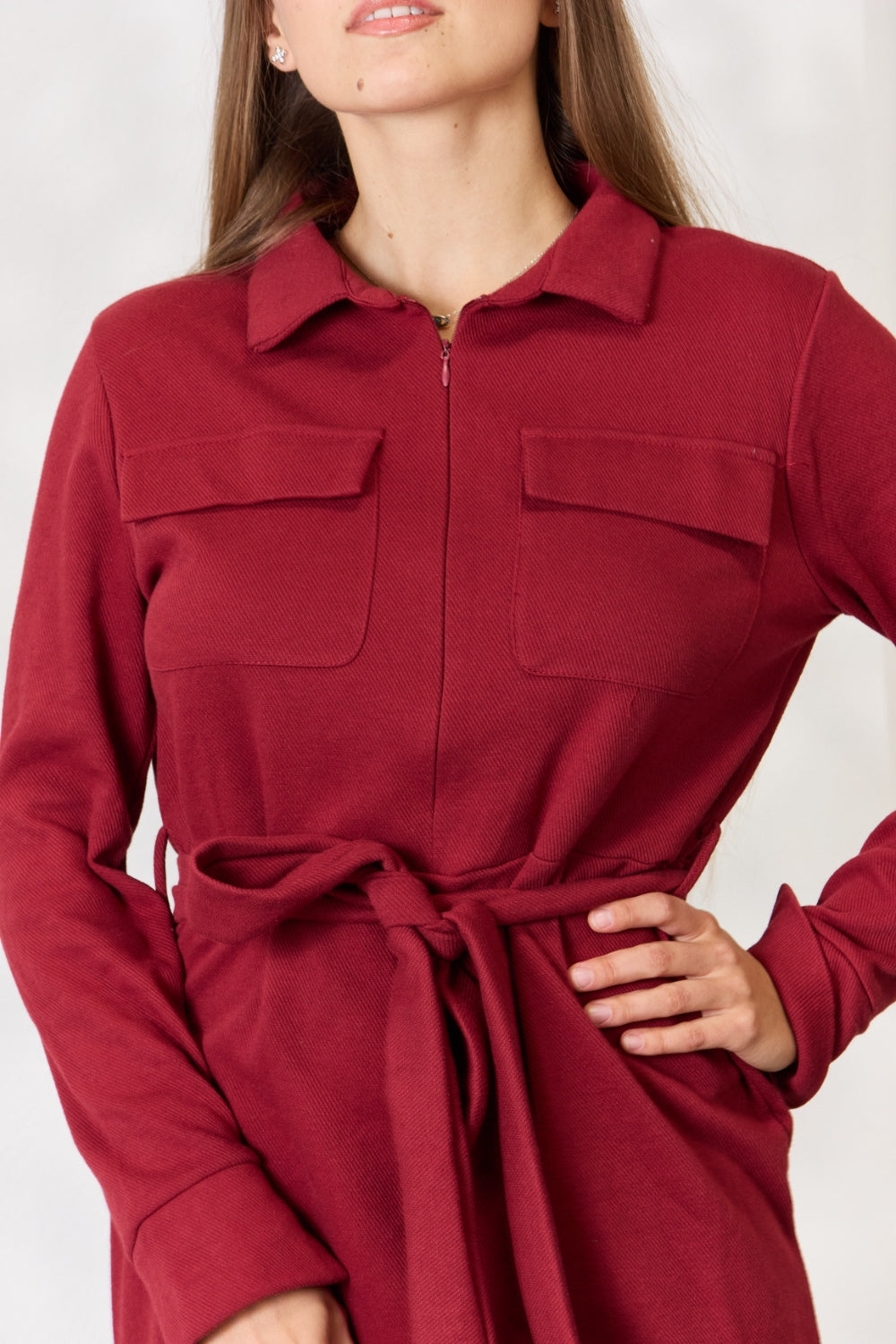 Culture Code full size tie front half zip long sleeve shirt dress in red.