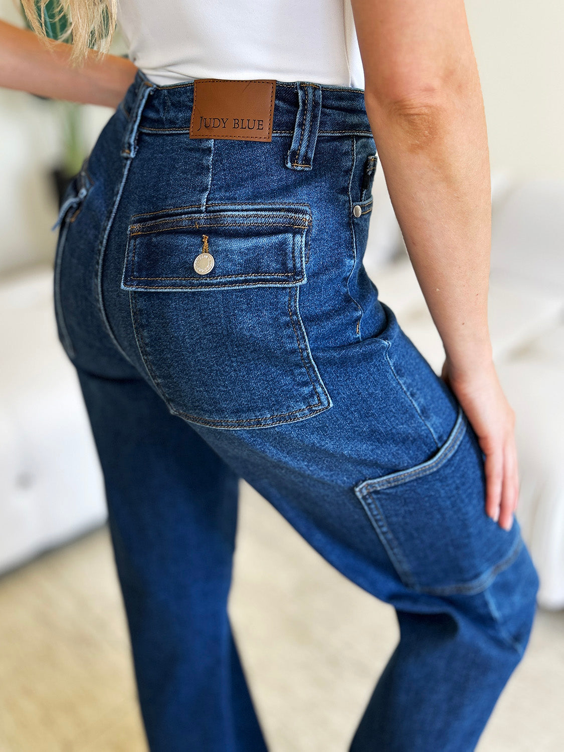 Judy Blue full size high waist cargo jeans with side pockets and a flattering high-rise fit.