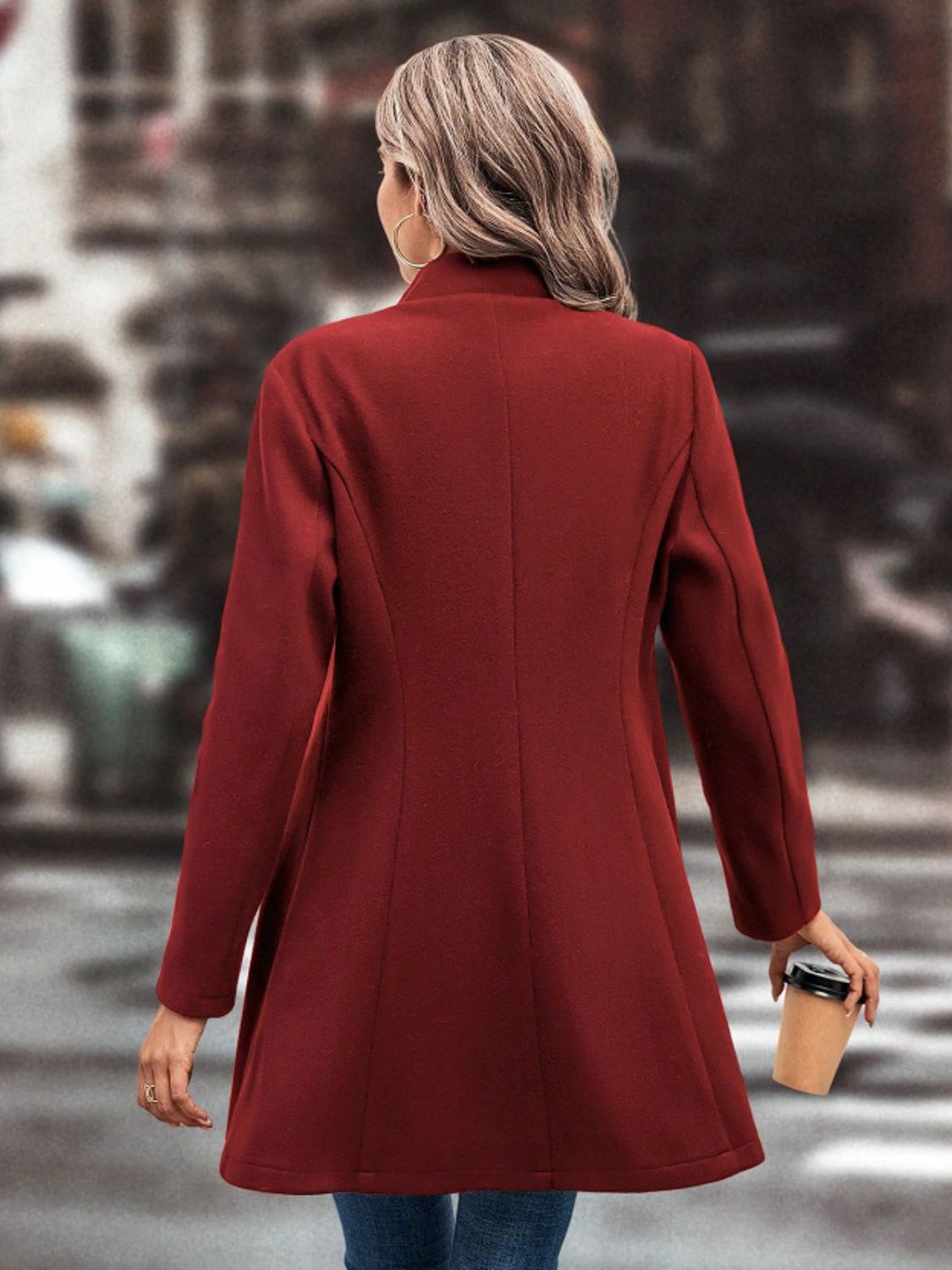 Collared neck button up long sleeve coat for women in red, made of polyester and spandex blend.