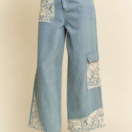 Davi & Dani Lace Applique Wide Leg Jeans