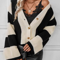 Waffle-knit V-neck striped long sleeve cardigan in black and cream.