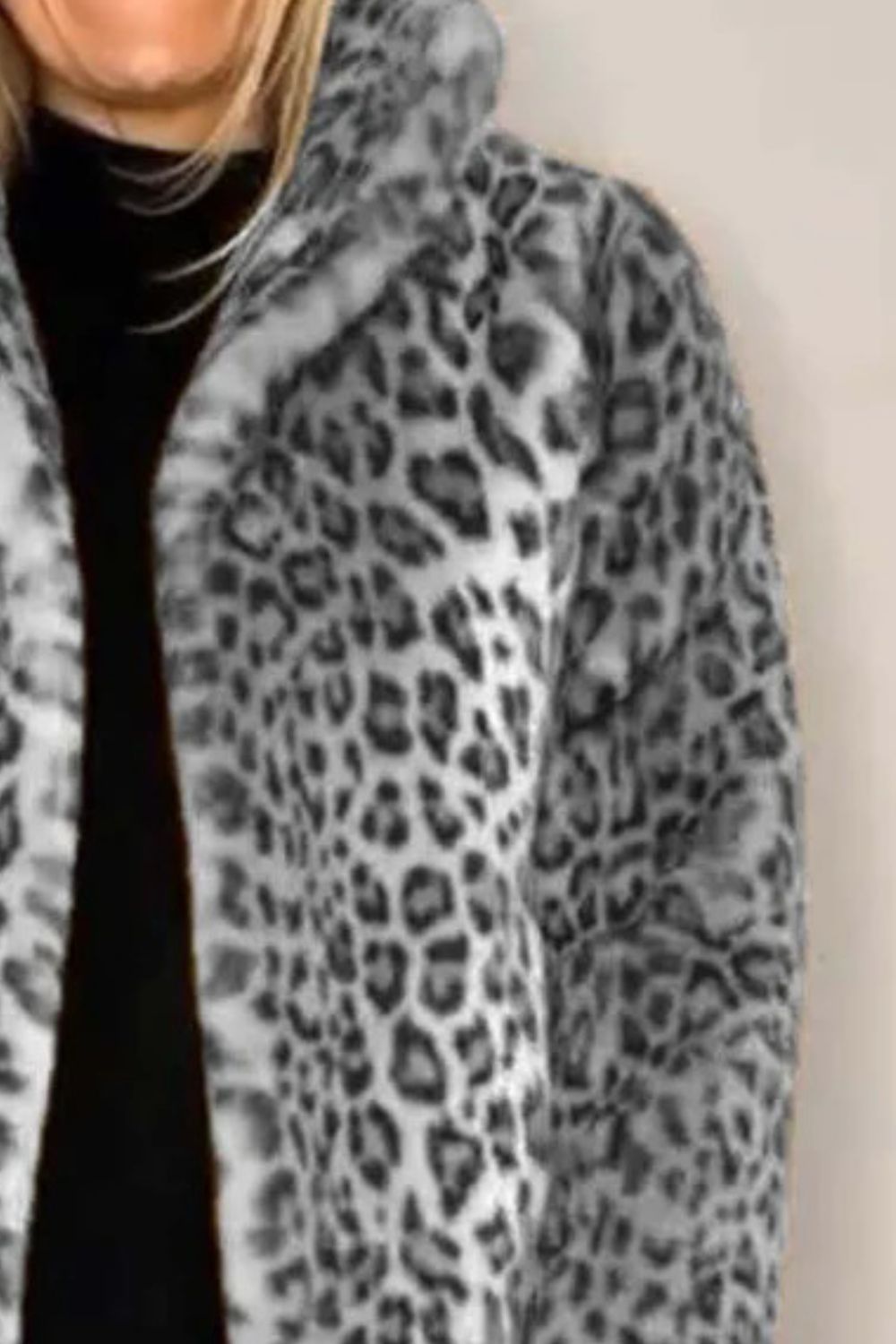 Full Size Leopard Furry Collared Neck Long Sleeve Coat in polyester.