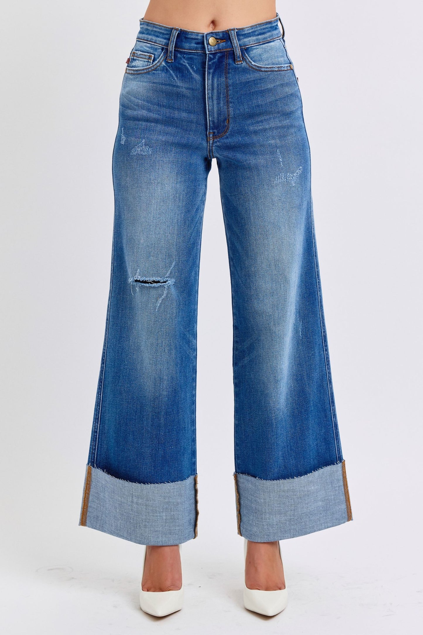 Judy Blue full size distressed high waist wide leg jeans with trendy worn-in look.