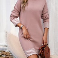 Devine Striped Mock Neck Long Sleeve Sweater Dress