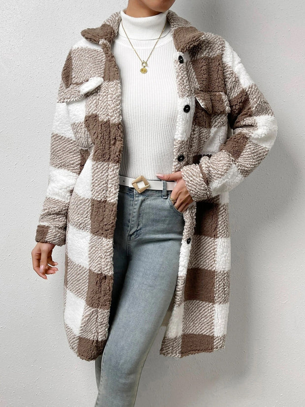 Plaid collared neck button down coat in brown and white check pattern.