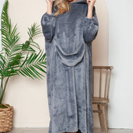 Pocketed hooded midi lounge dress with slight stretch and plush texture.