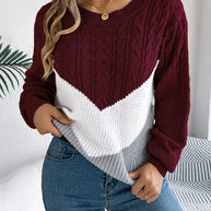 Cable-Knit Color Block Round Neck Sweater