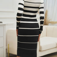 Color Block Round Neck Long Sleeve Midi Dress