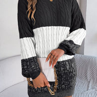 Cable-Knit Round Neck Color Block Sweater Dress