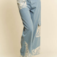 Davi & Dani Lace Applique Wide Leg Jeans