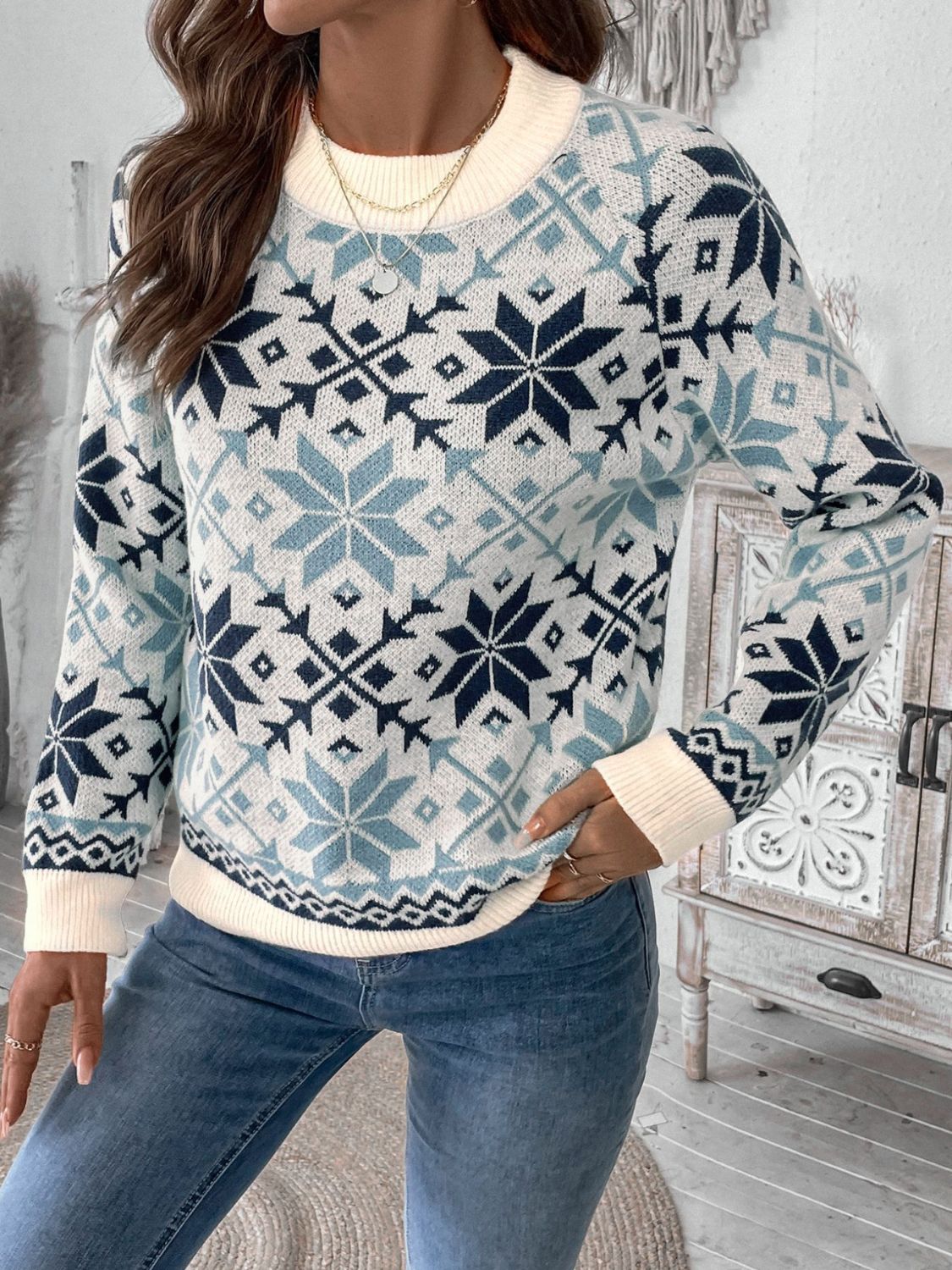 Perfee Graphic Round Neck Long Sleeve Sweater with blue and white pattern