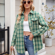 Mandy Plaid Button Up Long Sleeve Shirt, green plaid, buttoned with pocket, 100% polyester.