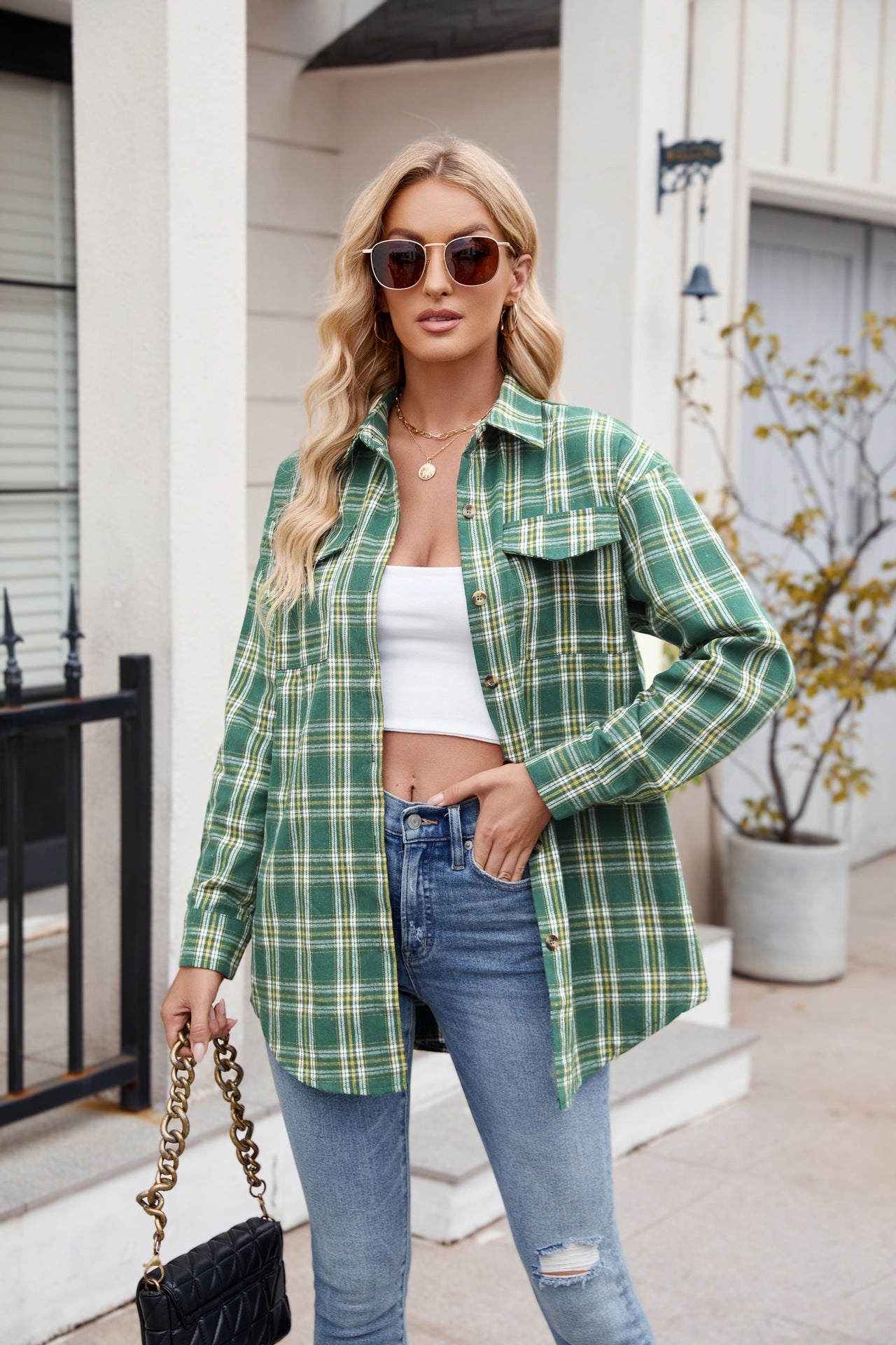 Mandy Plaid Button Up Long Sleeve Shirt, green plaid, buttoned with pocket, 100% polyester.