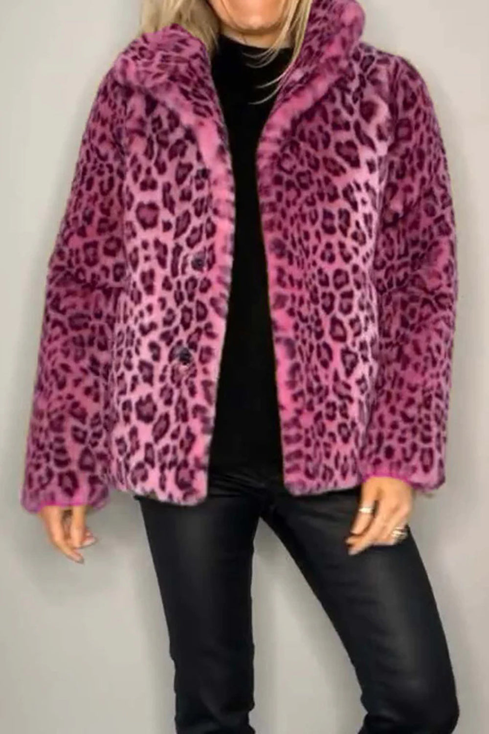 Full Size Leopard Furry Collared Neck Long Sleeve Coat in purple, 100% polyester, basic style.