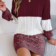 Cable-Knit Round Neck Color Block Sweater Dress