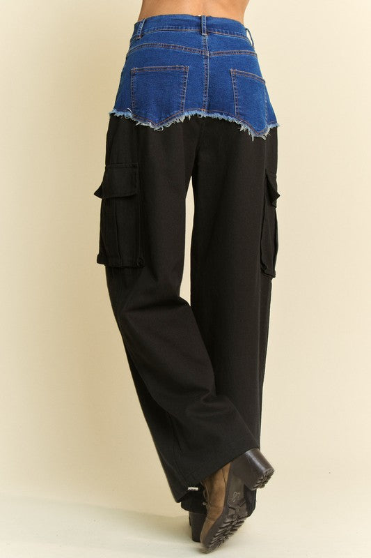 Davi & Dani Denim Patchwork Wide Leg Pants with Cargo Pockets