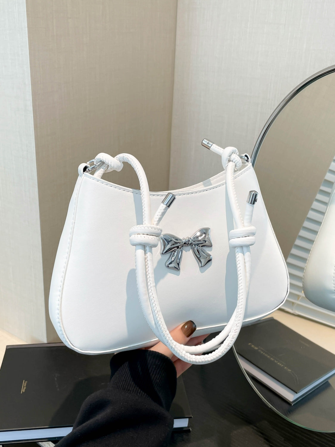 Small Bow PU Leather Knotted Strap Handbag in white