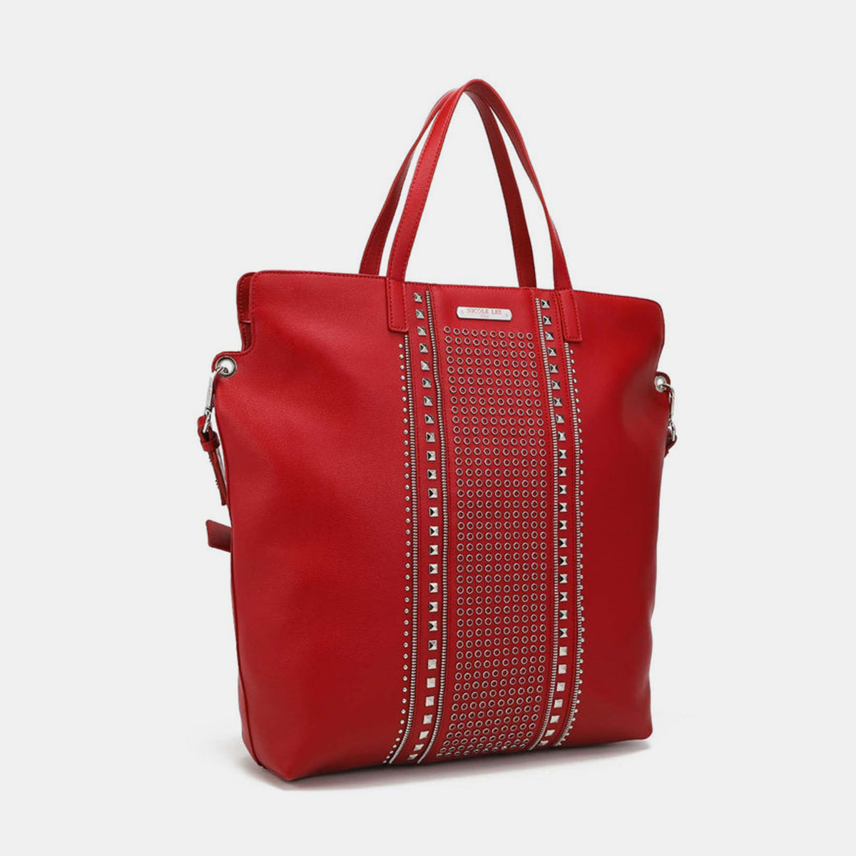 Nicole Lee USA Studded Large Tote Bag in red vegan leather with dual handles and stud detailing.