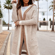 Pocketed Contrast Long Sleeve Hooded Cardigan