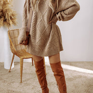 Cable-Knit Round Neck Sweater Dress