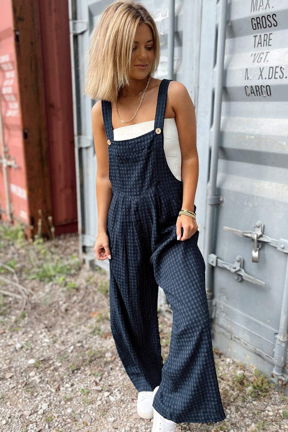 Plaid Wide Strap Wide Leg Overalls