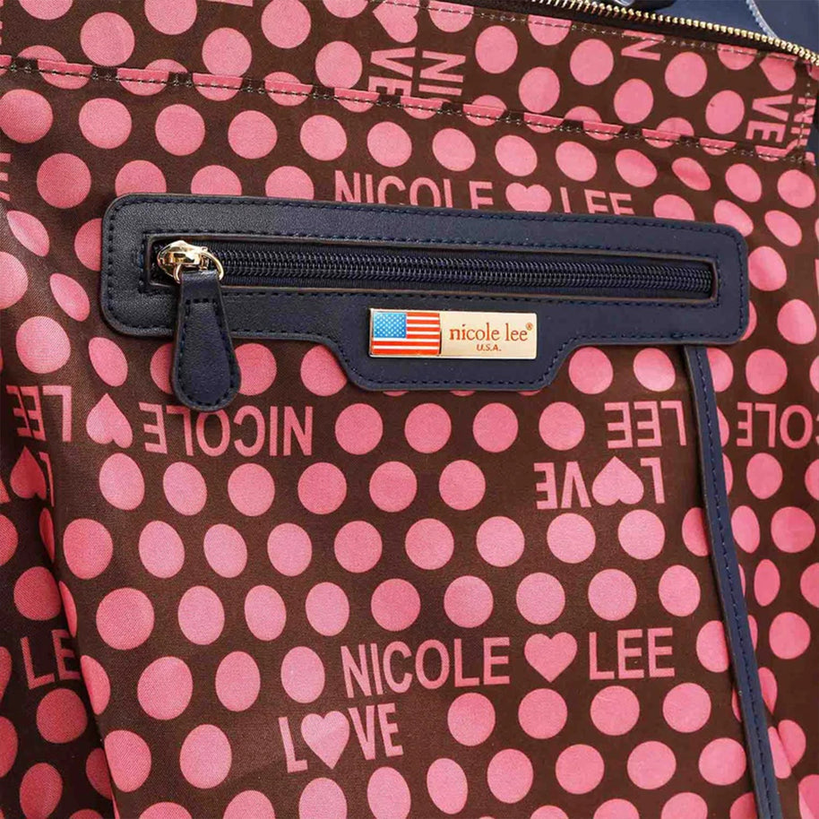 Nicole Lee USA 3-Piece Color Block Handbag Set with polka dot interior and zip closure.