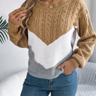 Cable-Knit Color Block Round Neck Sweater